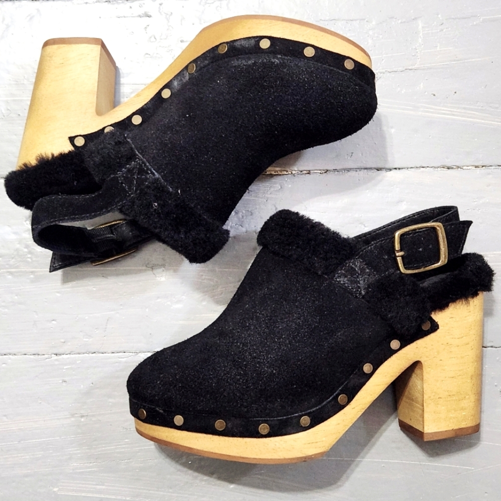 Madewell Leslie Black Suede Slingback Fur Lined Wooden Heel Platform Clogs